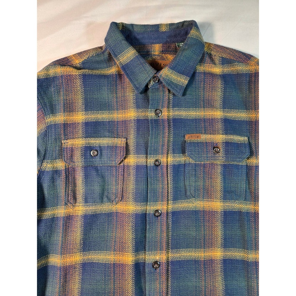 Orvis Flannel Shacket Men Large Blue Yellow Plaid Long Sleeve w/ Side Pockets